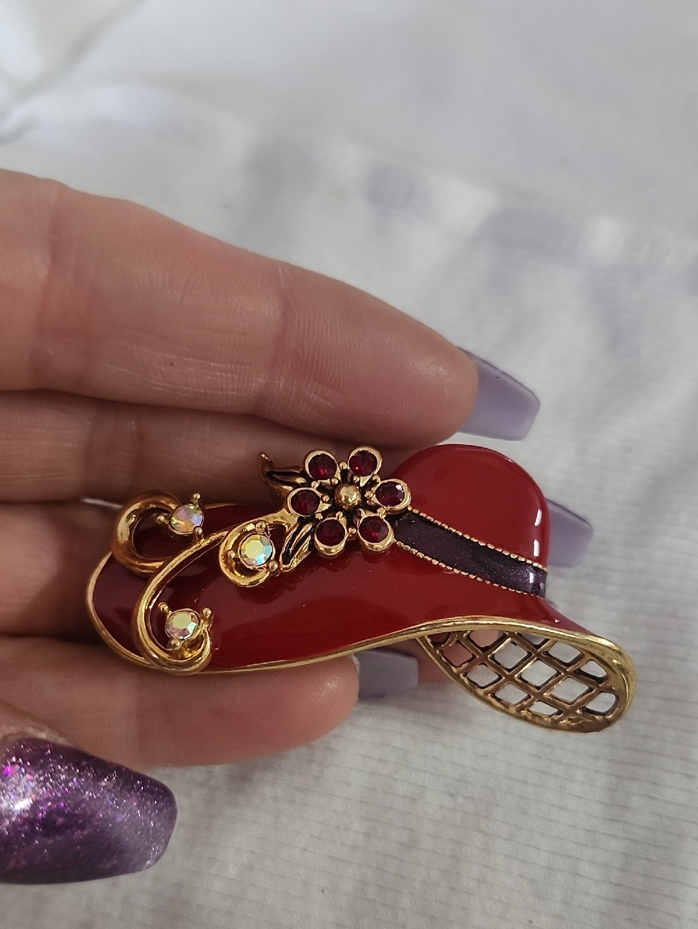 Vintage Red Enamel Hat Brooch with Gold Floral Accents